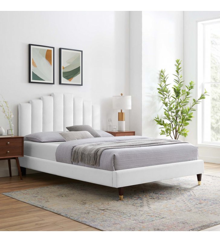 Elise Queen Performance Velvet Platform Bed in White - Lexmod