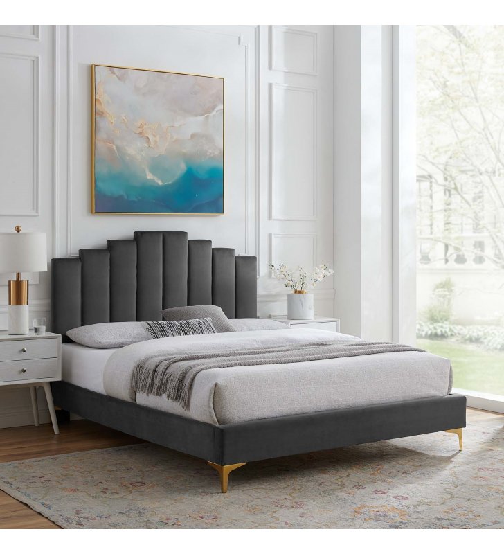 Elise Queen Performance Velvet Platform Bed in Charcoal - Lexmod