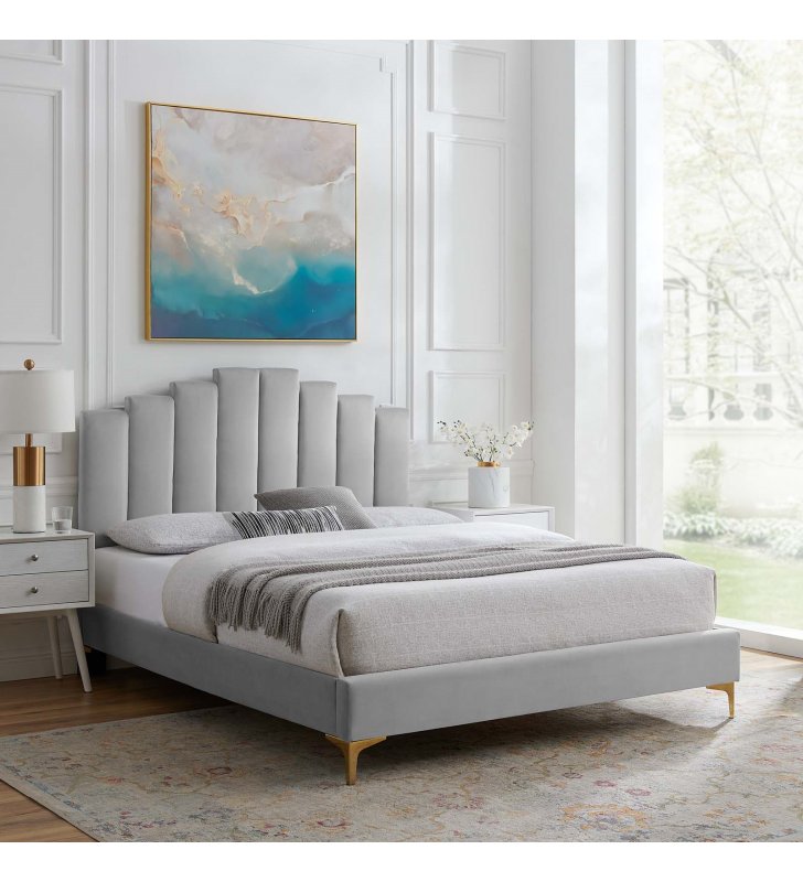 Elise Queen Performance Velvet Platform Bed in Light Gray - Lexmod