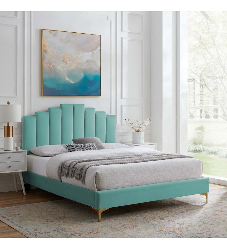 Elise Queen Performance Velvet Platform Bed in Mint - Lexmod