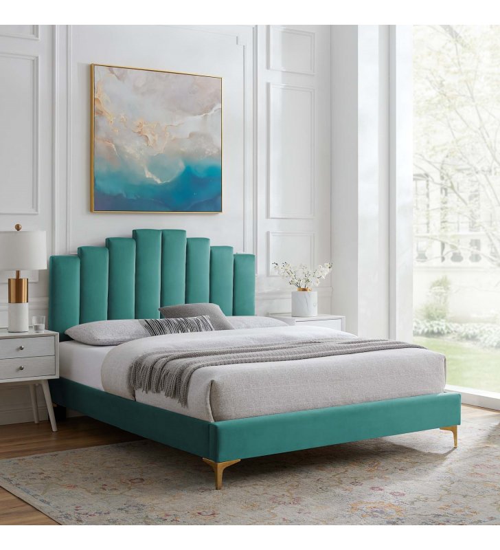 Elise Queen Performance Velvet Platform Bed in Teal - Lexmod