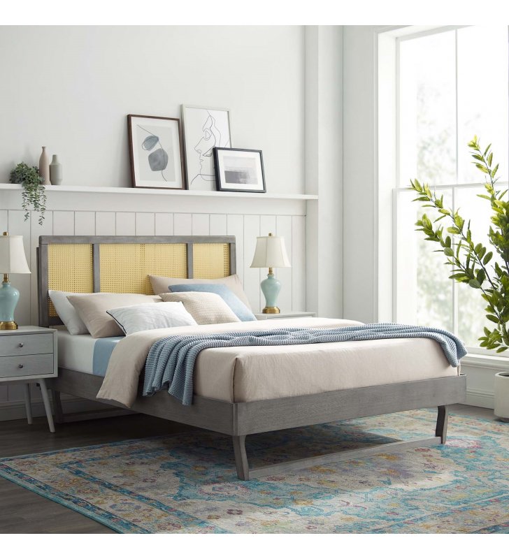 Kelsea Cane and Wood Full Platform Bed With Angular Legs in Gray - Lexmod