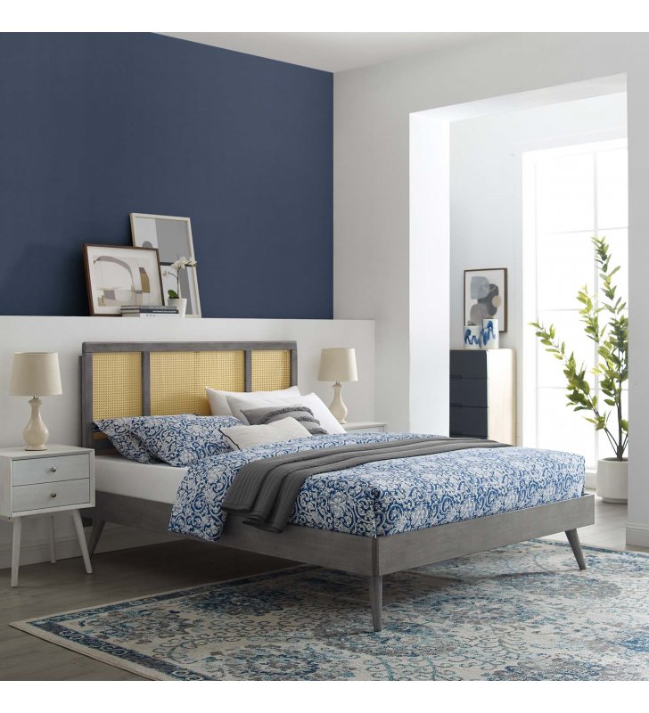 Kelsea Cane and Wood King Platform Bed With Splayed Legs in Gray - Lexmod
