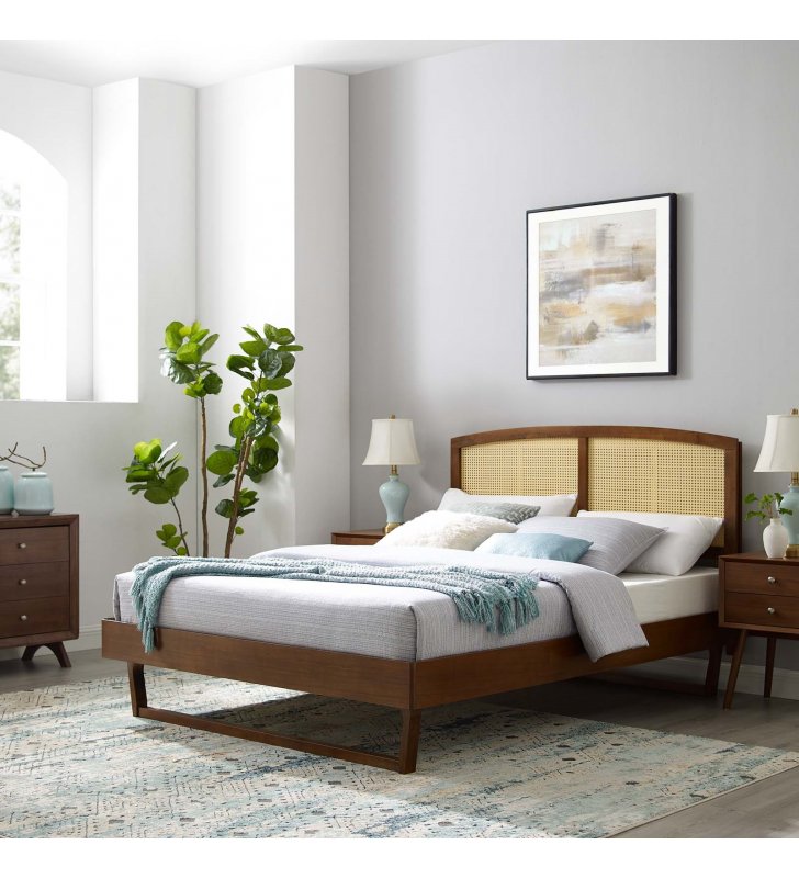 Sierra Cane and Wood Full Platform Bed With Angular Legs in Walnut - Lexmod