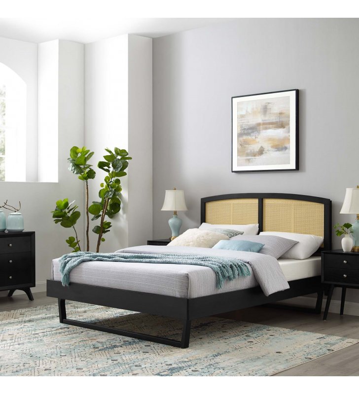 Sierra Cane and Wood King Platform Bed With Angular Legs in Black - Lexmod