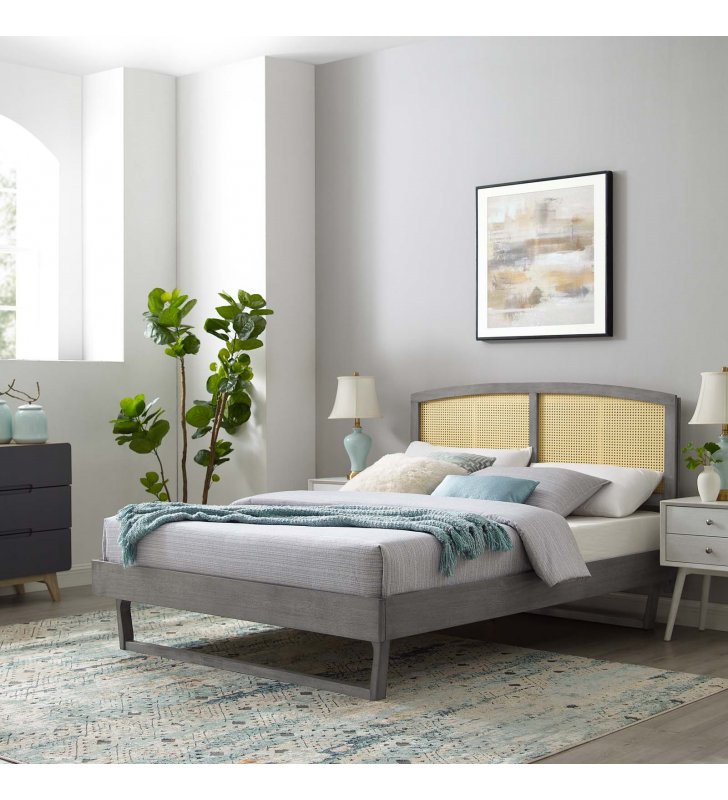 Sierra Cane and Wood King Platform Bed With Angular Legs in Gray - Lexmod