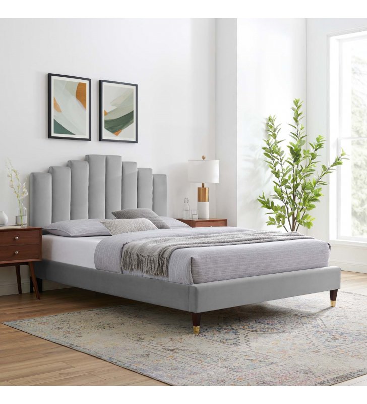 Elise Full Performance Velvet Platform Bed in Light Gray - Lexmod