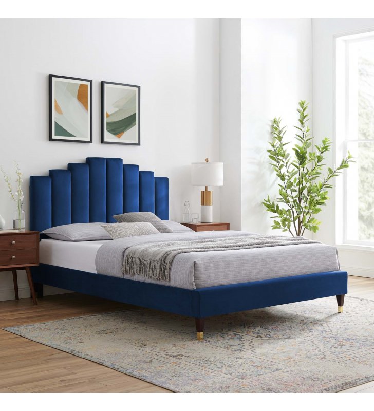 Elise Full Performance Velvet Platform Bed in Navy - Lexmod