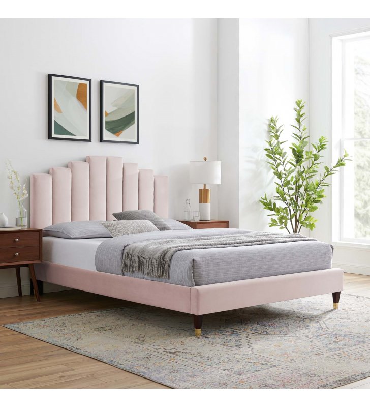 Elise Full Performance Velvet Platform Bed in Pink - Lexmod