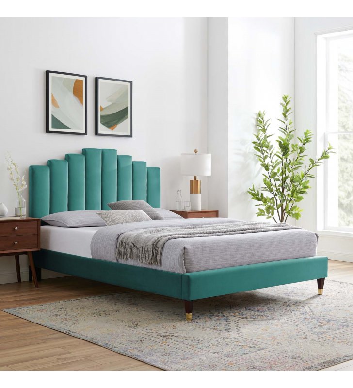 Elise King Performance Velvet Platform Bed in Teal - Lexmod