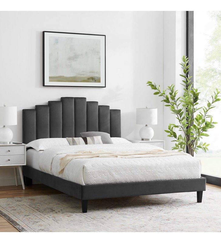 Elise Full Performance Velvet Platform Bed in Charcoal - Lexmod