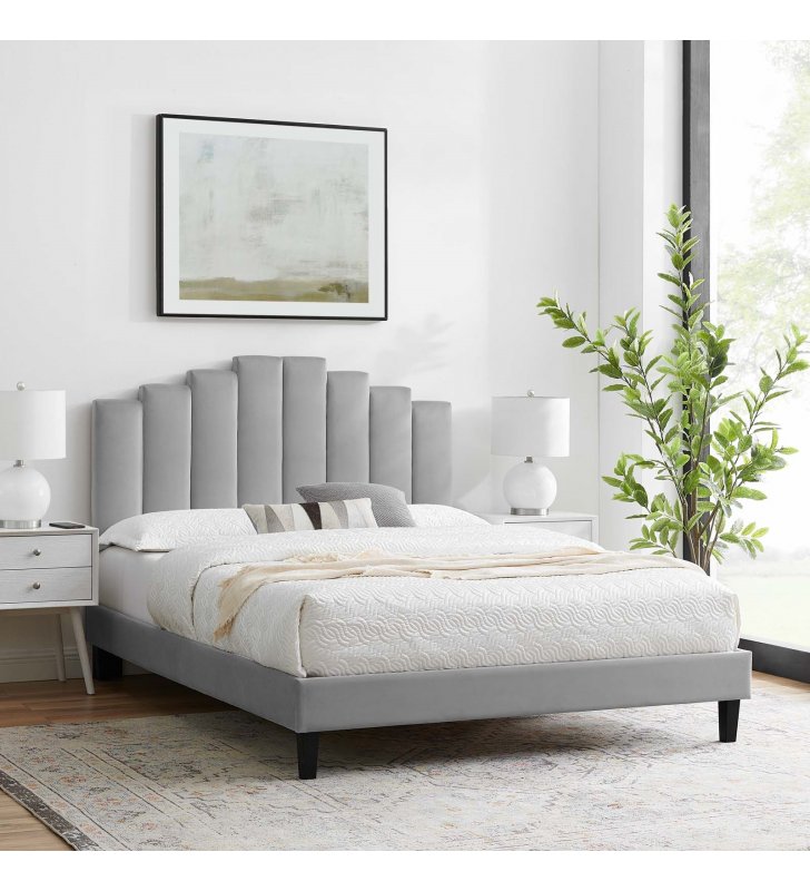 Elise Full Performance Velvet Platform Bed in Light Gray - Lexmod