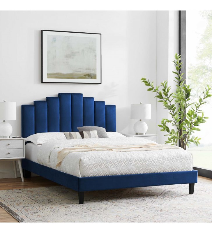 Elise Full Performance Velvet Platform Bed in Navy - Lexmod