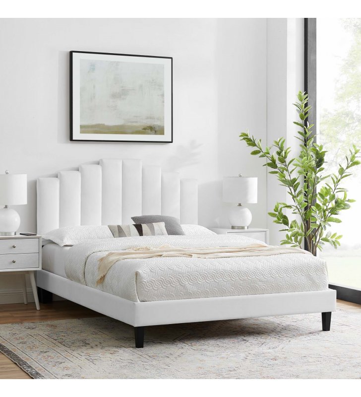 Elise King Performance Velvet Platform Bed in White - Lexmod