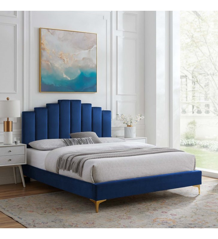 Elise Twin Performance Velvet Platform Bed in Navy - Lexmod
