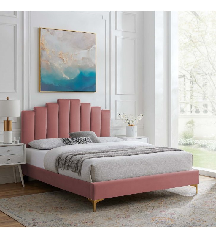 Elise Full Performance Velvet Platform Bed in Dusty Rose - Lexmod