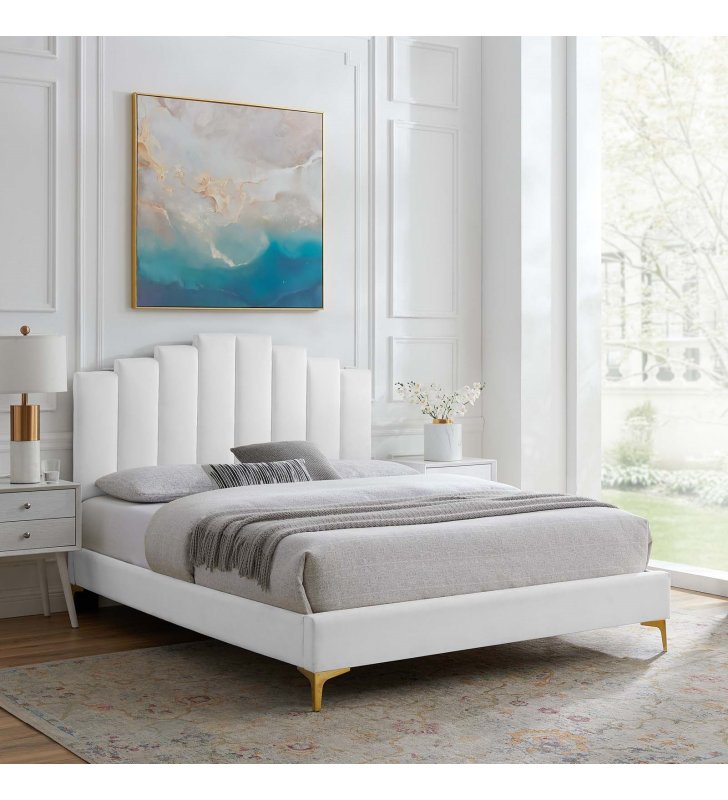 Elise Full Performance Velvet Platform Bed in White - Lexmod