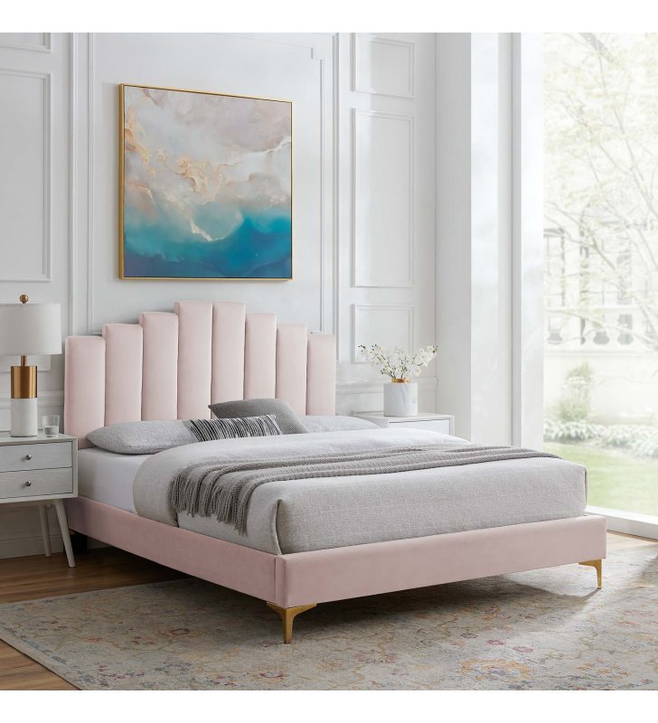Elise King Performance Velvet Platform Bed in Pink - Lexmod
