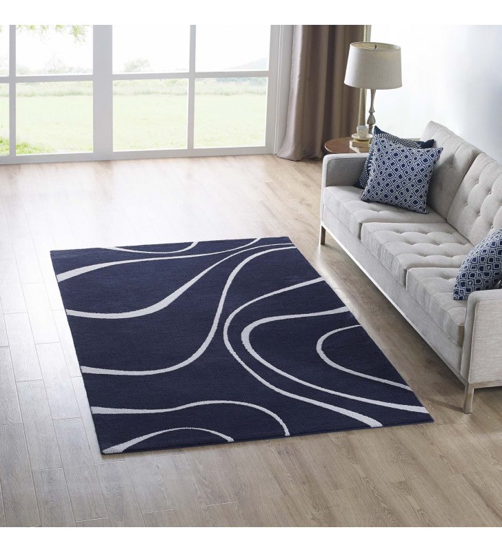Therese Abstract Swirl 5x8 Area Rug in Navy and Ivory - Lexmod