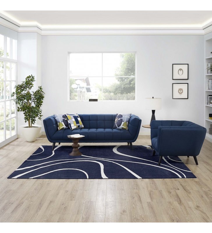 Therese Abstract Swirl 8x10 Area Rug in Navy and Ivory - Lexmod