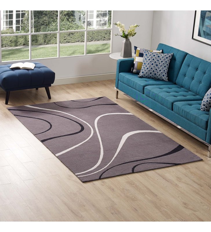Therese Abstract Swirl 5x8 Area Rug in Charcoal, Black and Ivory - Lexmod