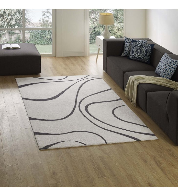 Therese Abstract Swirl 5x8 Area Rug in Ivory and Charcoal - Lexmod