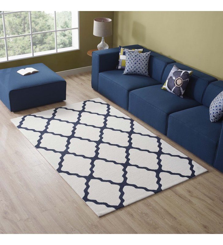 Marja Moroccan Trellis 5x8 Area Rug in Ivory and Navy - Lexmod