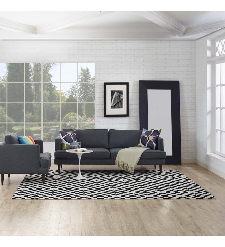 Alika Abstract Diamond Trellis 8x10 Area Rug in Black and White - Lexmod