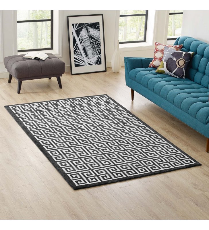 Freydis Greek Key 5x8 Area Rug in Black and White - Lexmod