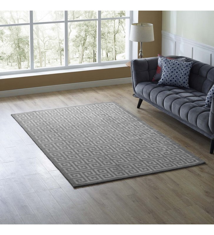 Freydis Greek Key 5x8 Area Rug in White and Light Gray - Lexmod