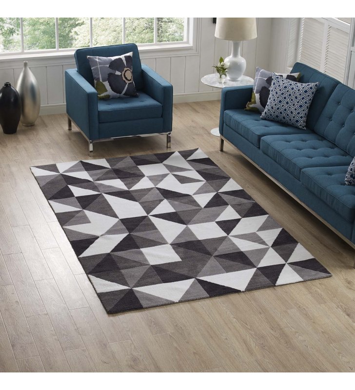 Kahula Geometric Triangle Mosaic 5x8 Area Rug in  Black, Gray and White - Lexmod