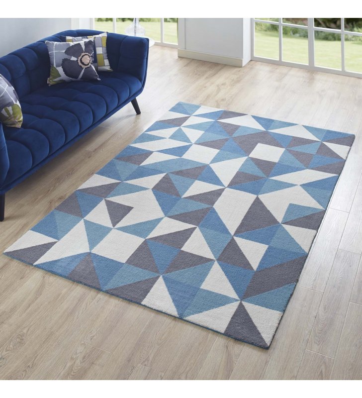 Kahula Geometric Triangle Mosaic 5x8 Area Rug in Blue, White and Gray - Lexmod
