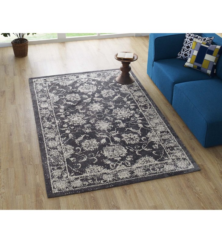 Kazia Distressed Floral Lattice 5x8 Area Rug in Dark Gray and Ivory - Lexmod