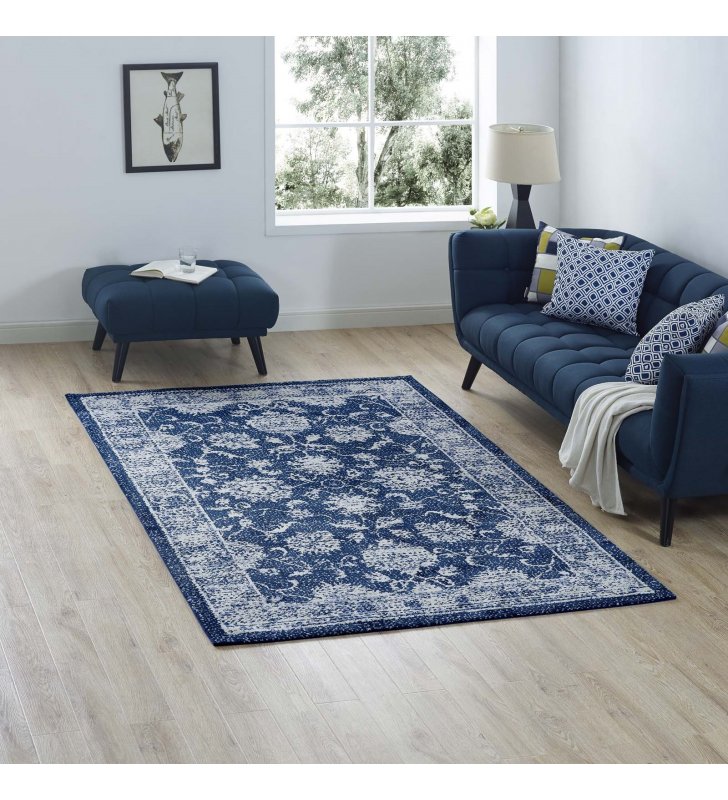 Kazia Distressed Floral Lattice 5x8 Area Rug in Dark Blue and Ivory - Lexmod