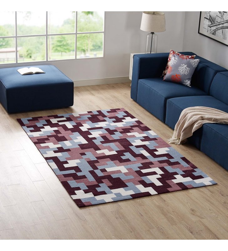 Andela Interlocking Block Mosaic 5x8 Area Rug in Multicolored Red and Light Blue - Lexmod