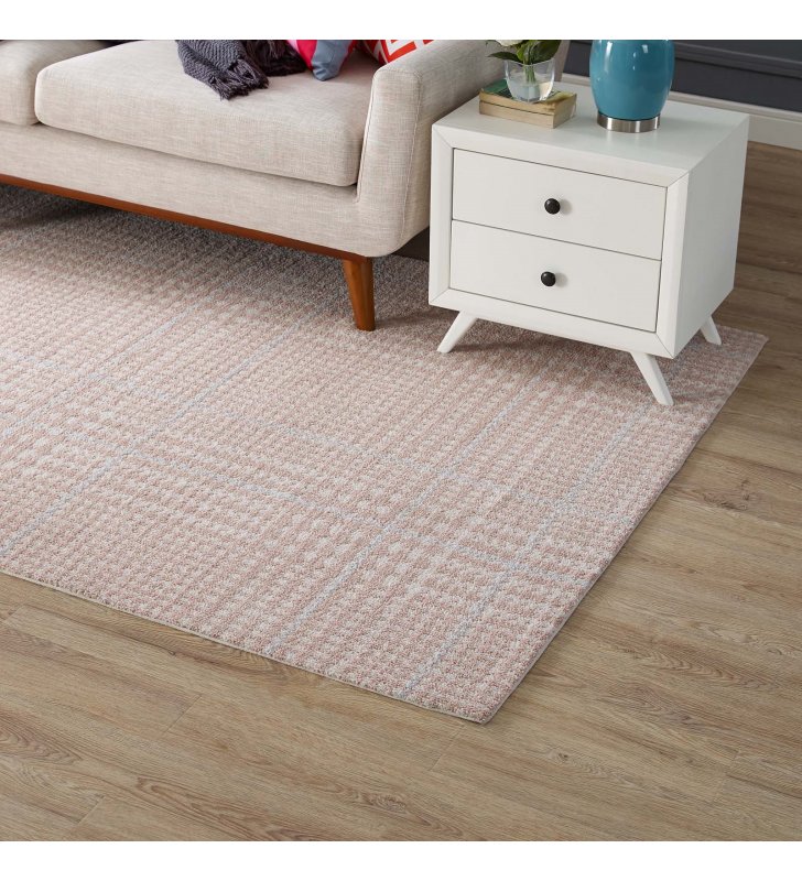Kaja Abstract Plaid 5x8 Area Rug in Ivory, Cameo Rose and Light Blue - Lexmod