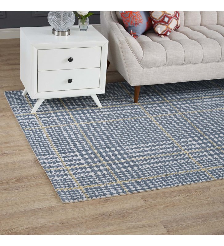 Kaja Abstract Plaid 5x8 Area Rug in Ivory, Cadet Blue and Citron - Lexmod