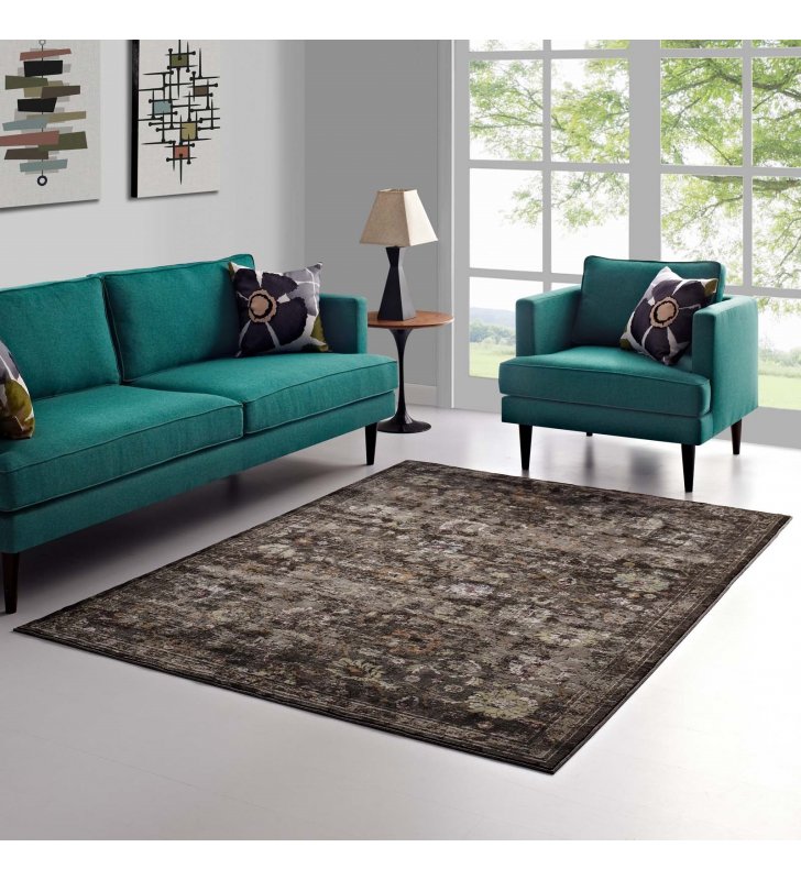 Minu Distressed Floral Lattice 4x6 Area Rug in Black, Yellow and Orange - Lexmod