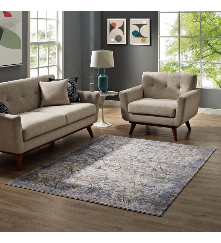 Minu Distressed Floral Lattice 8x10 Area Rug in Light Blue, Yellow and Orange - Lexmod