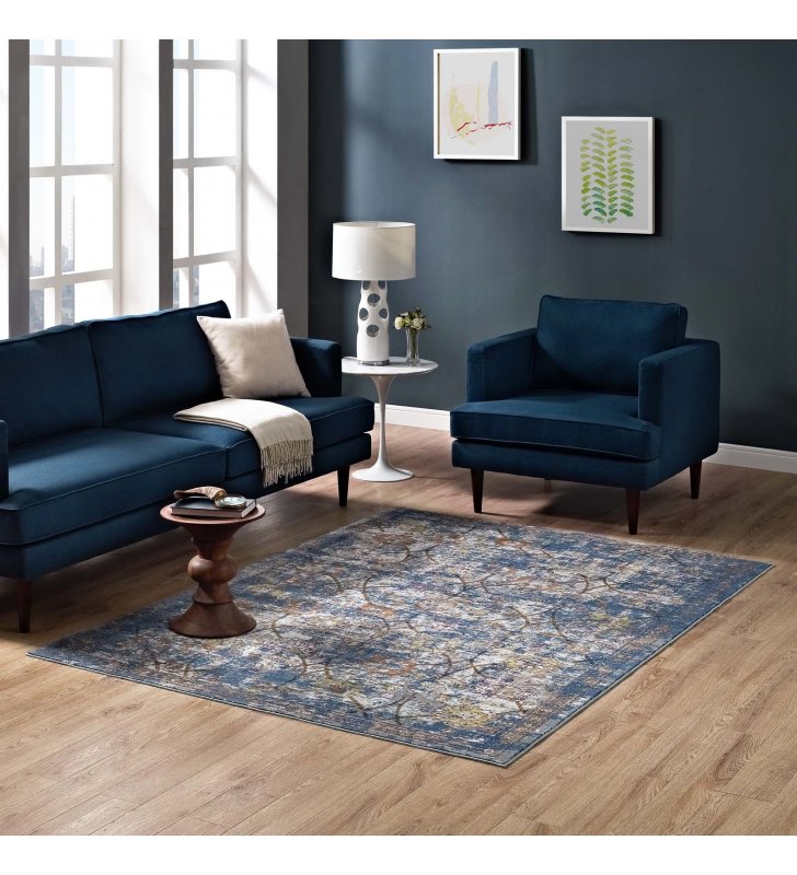 Minu Distressed Floral Lattice 8x10 Area Rug in Blue Gray, Yellow and Orange - Lexmod