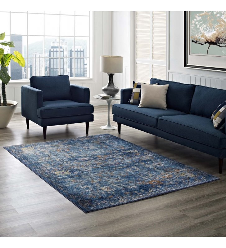 Minu Distressed Floral Lattice 5x8 Area Rug in Dark Blue, Yellow and Orange - Lexmod