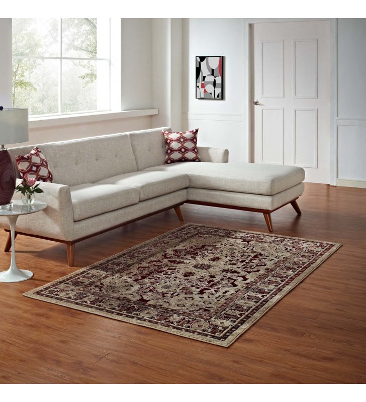 Grania Ornate Vintage Floral Turkish 8x10 Area Rug in Burgundy and Tan - Lexmod