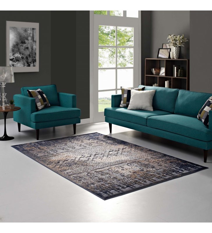 Kalene Distressed Vintage Turkish 8X10 Area Rug in Blue, Rust and Cream - Lexmod