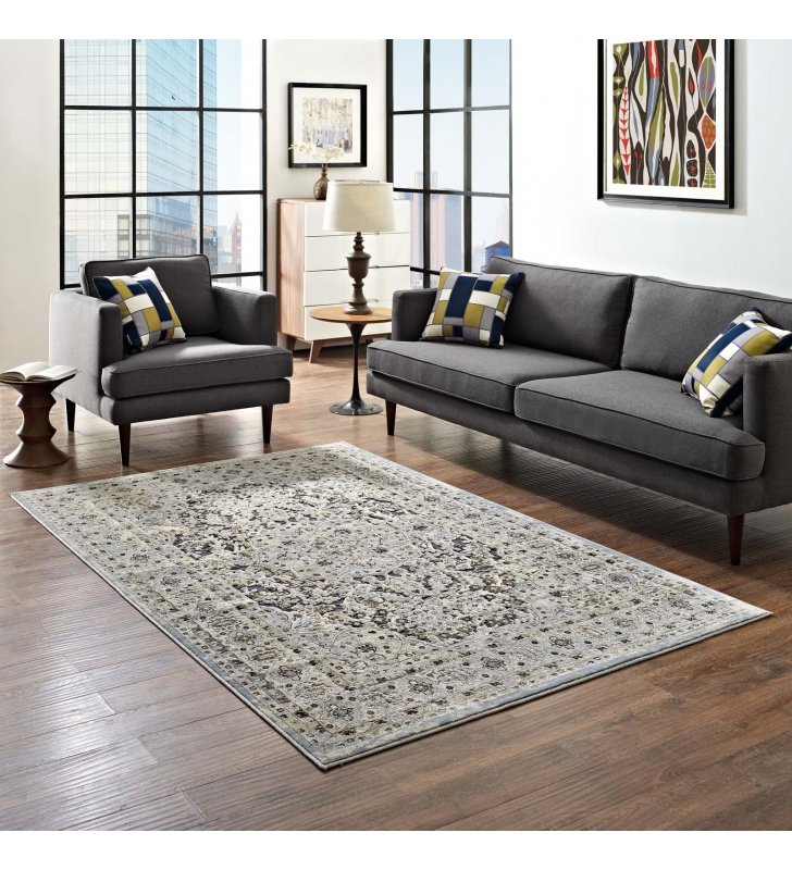 Elqenna Ornate Vintage Floral Turkish 5x8 Area Rug in Blue and Cream - Lexmod