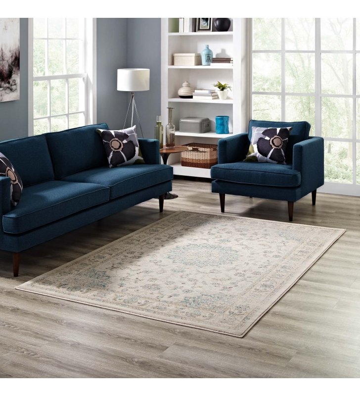 Atara Distressed Vintage Persian Medallion 5x8 Area Rug in Teal and Beige - Lexmod