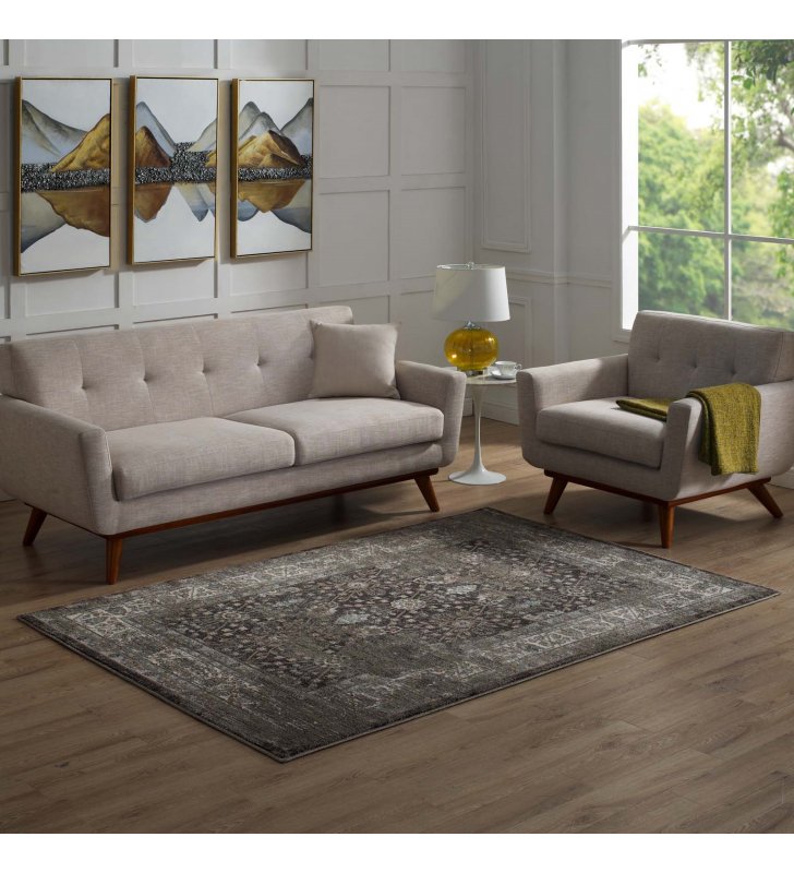 Berit Distressed Vintage Floral Lattice 8x10 Area Rug in Brown and Beige - Lexmod