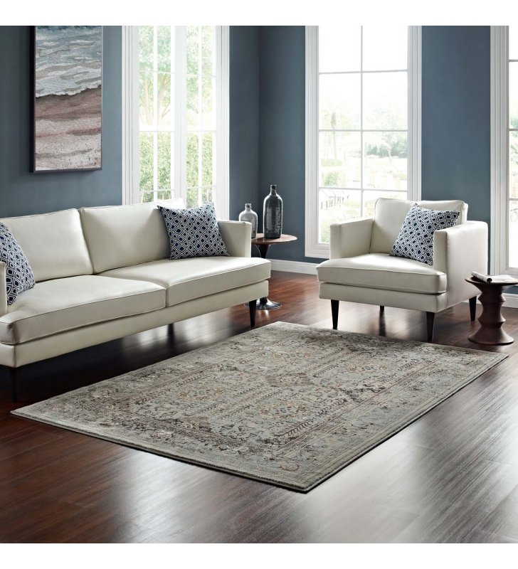Enye Distressed Vintage Floral Lattice 5x8 Area Rug in Brown and Silver Blue - Lexmod