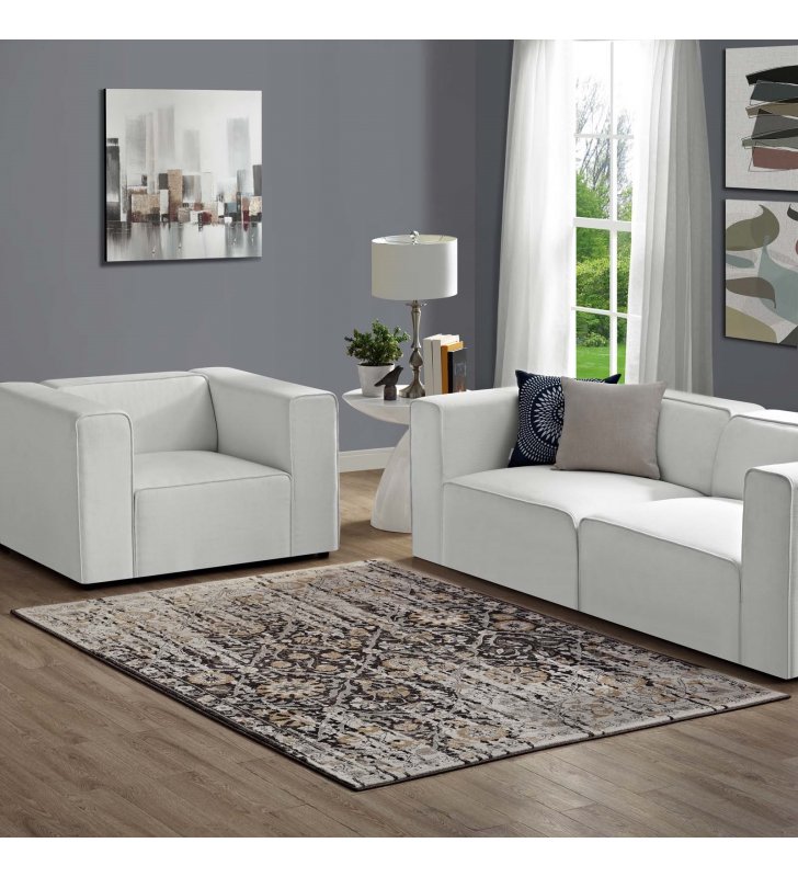 Ganesa Distressed Diamond FloralLattice 8x10 Area Rug in Black and Beige - Lexmod