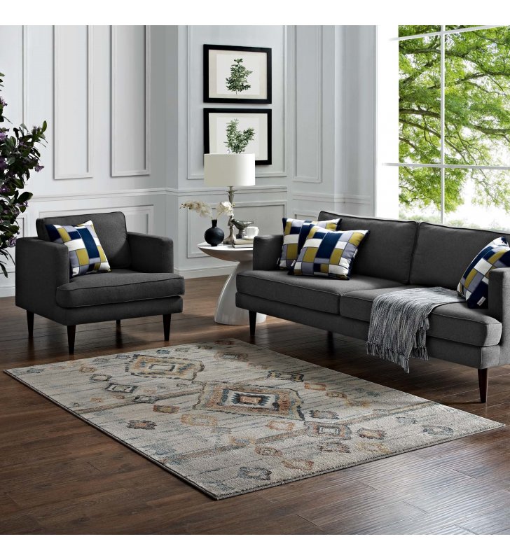 Jenica Distressed Moroccan Tribal Abstract Diamond 8x10 Area Rug in Silver Blue, Beige and Brown - Lexmod
