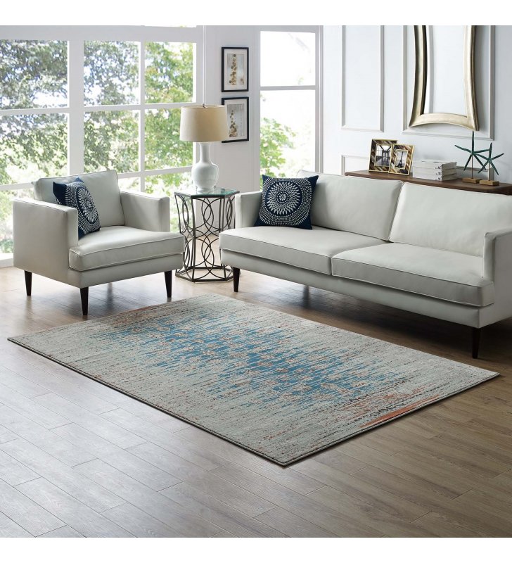 Hesper  Distressed Contemporary Floral Lattice 8x10 Area Rug in Teal, Beige and Brown - Lexmod